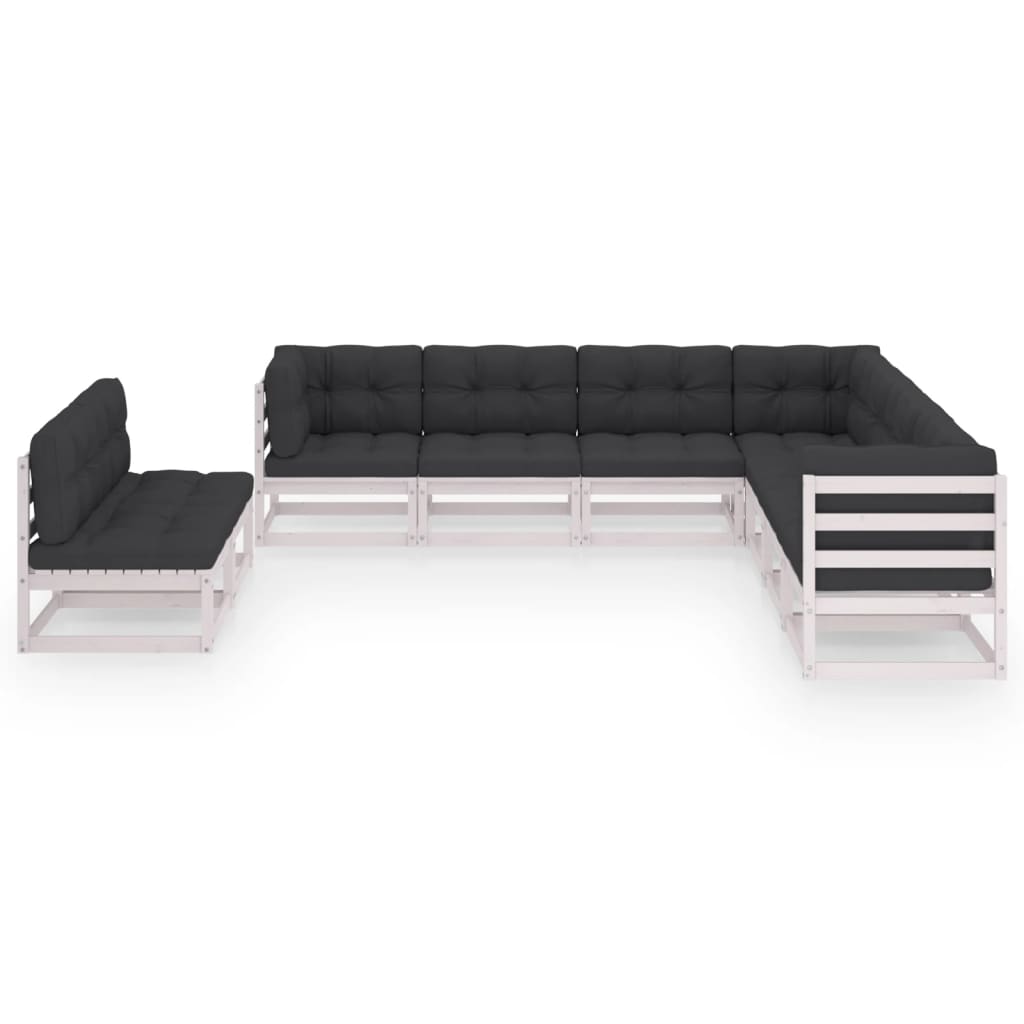 9-tlg. Garten-Lounge-Set mit Kissen Weiss Kiefer Massivholz